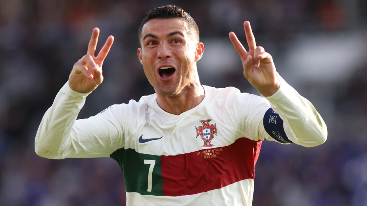Cristiano Ronaldo making win sign after doing a goal